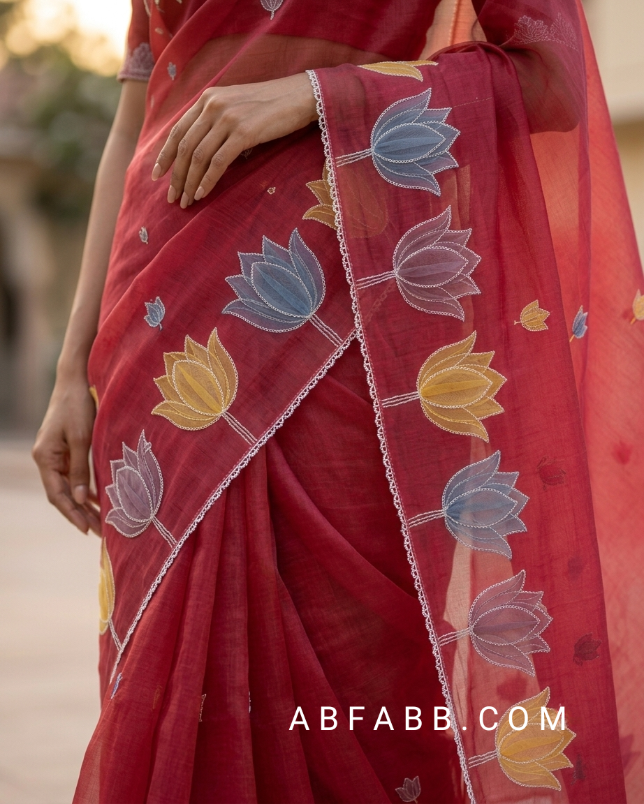 Coral Sorbet Mul Chanderi Silk Saree with Organza Tulip Applique Work & Delicate White Stitch Detailing