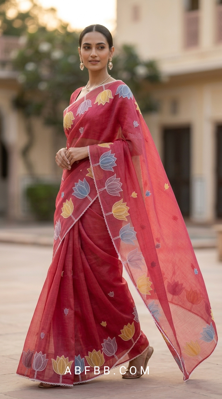 Coral Sorbet Mul Chanderi Silk Saree with Organza Tulip Applique Work & Delicate White Stitch Detailing