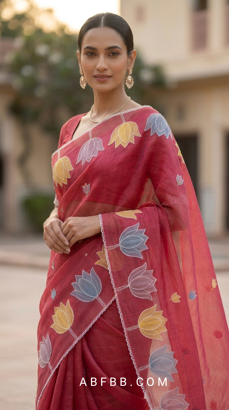 Coral Sorbet Mul Chanderi Silk Saree with Organza Tulip Applique Work & Delicate White Stitch Detailing