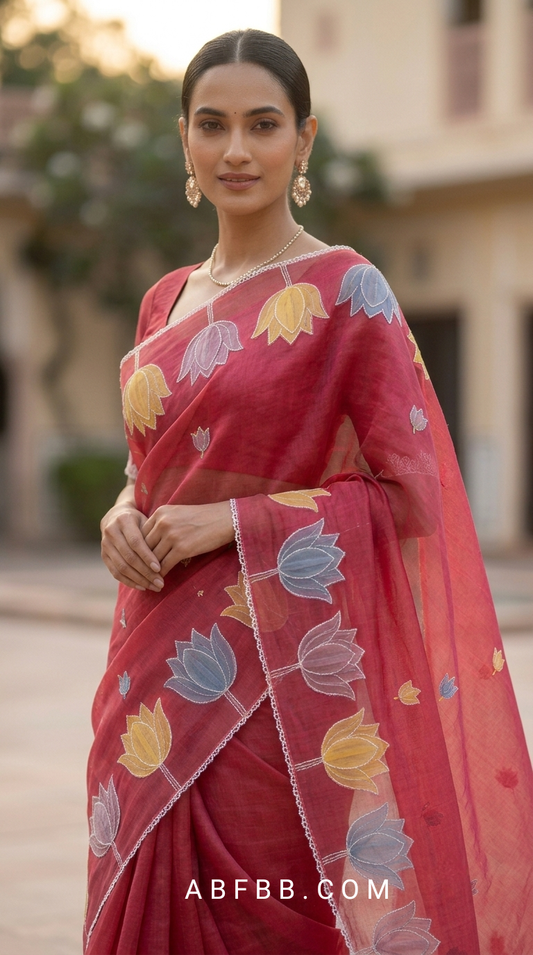 Coral Sorbet Mul Chanderi Silk Saree with Organza Tulip Applique Work & Delicate White Stitch Detailing