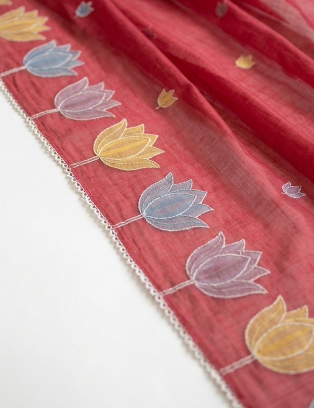Coral Sorbet Mul Chanderi Silk Saree with Organza Tulip Applique Work & Delicate White Stitch Detailing