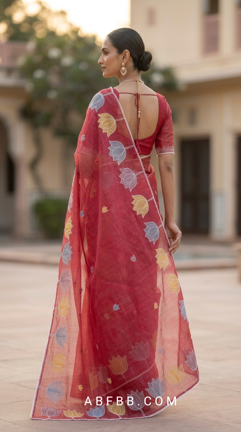 Coral Sorbet Mul Chanderi Silk Saree with Organza Tulip Applique Work & Delicate White Stitch Detailing