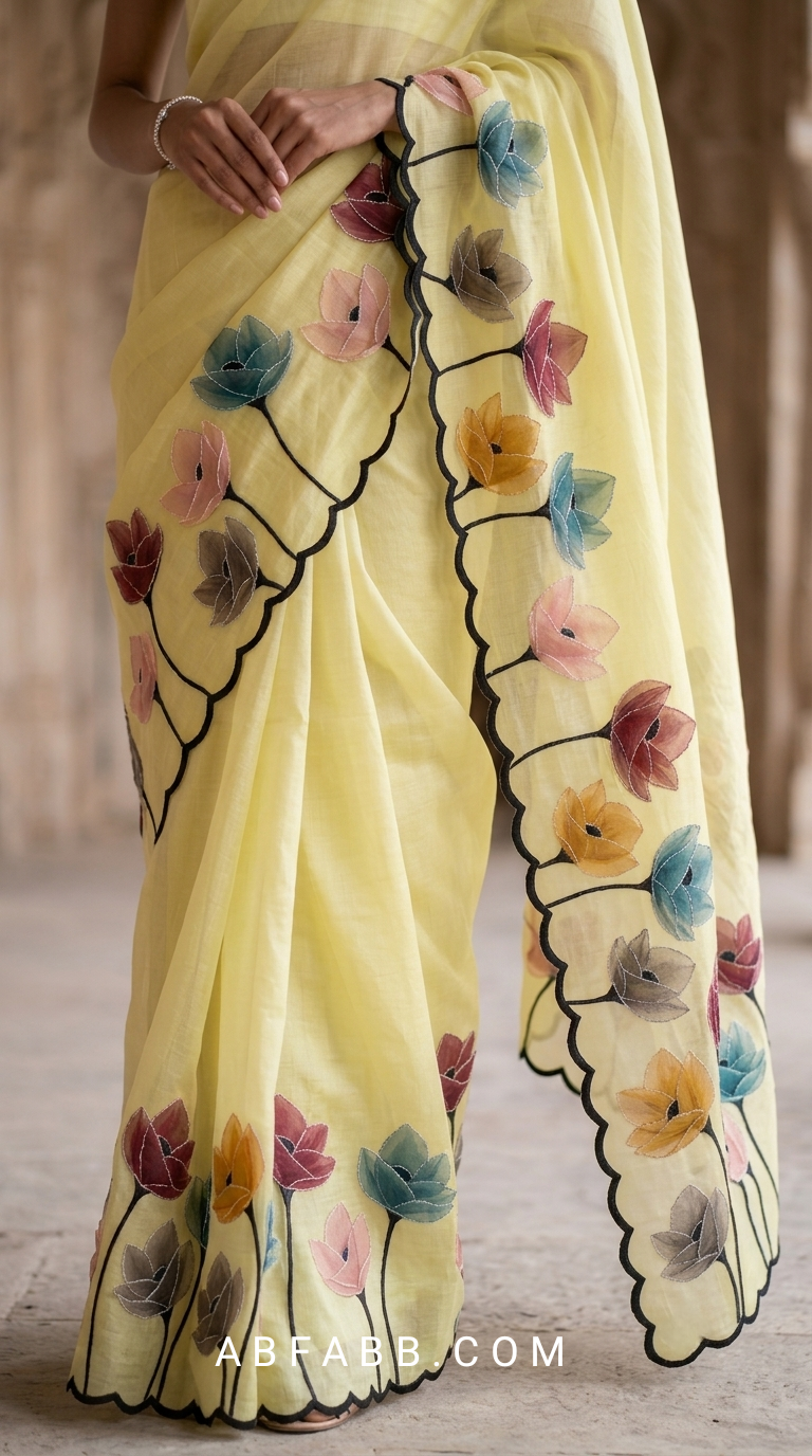 Butter Yellow Mul Chanderi Silk Saree with Floral Applique Work & Scalloped Border