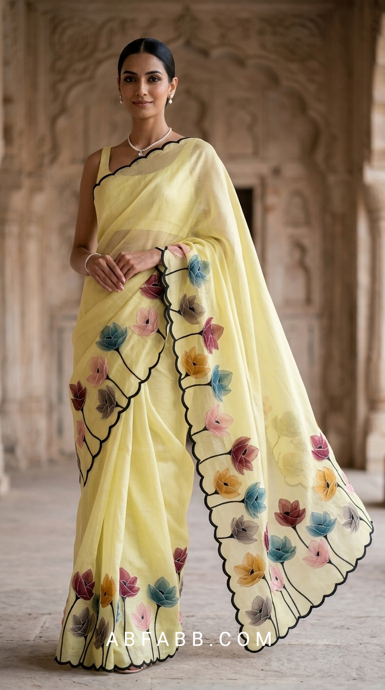 Butter Yellow Mul Chanderi Silk Saree with Floral Applique Work & Scalloped Border
