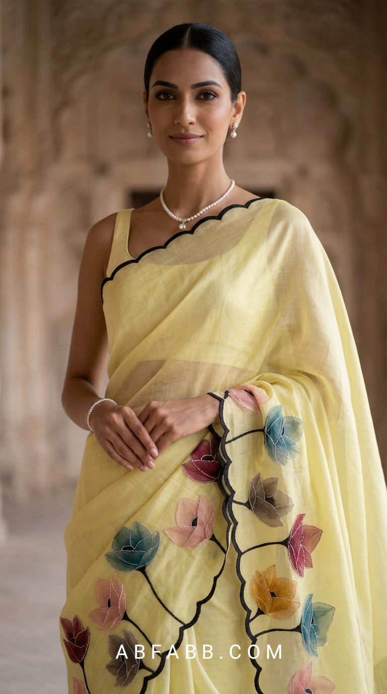 Butter Yellow Mul Chanderi Silk Saree with Floral Applique Work & Scalloped Border
