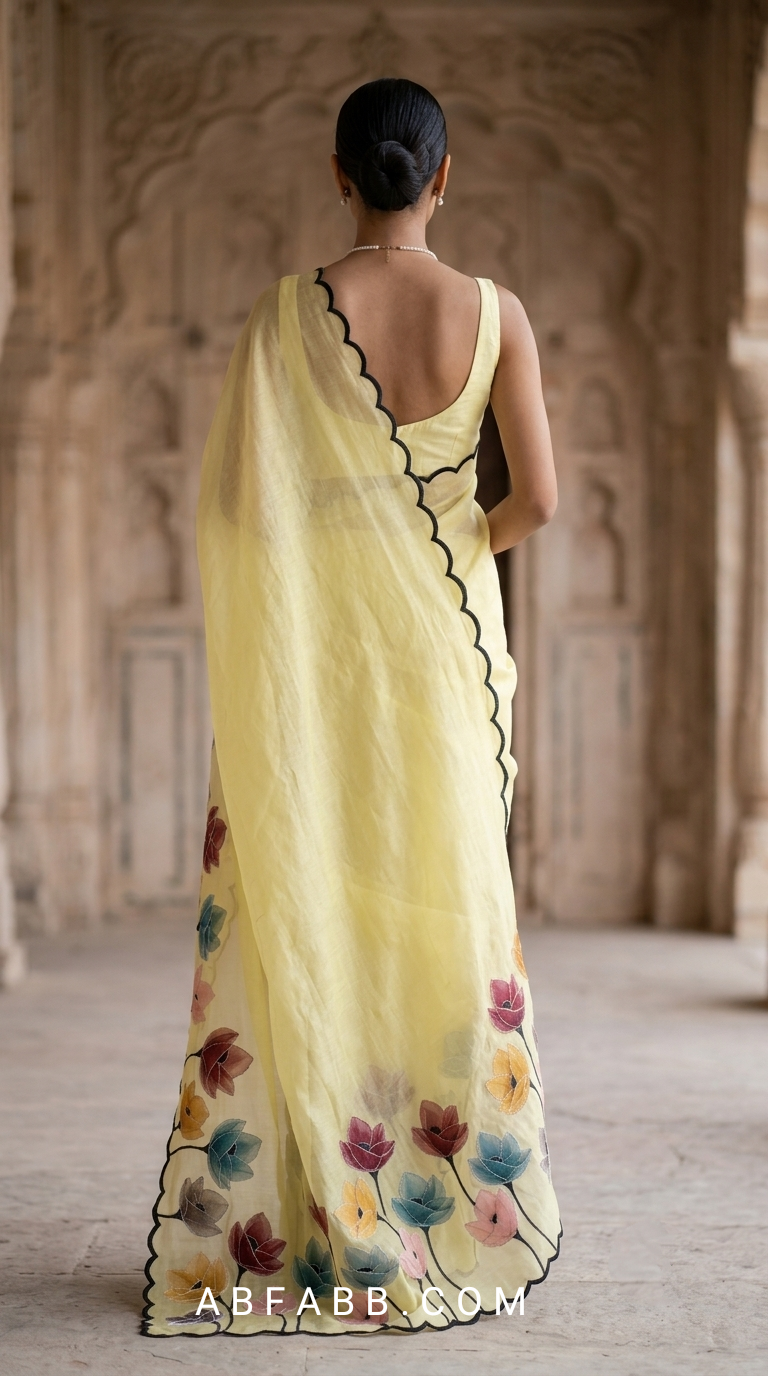 Butter Yellow Mul Chanderi Silk Saree with Floral Applique Work & Scalloped Border