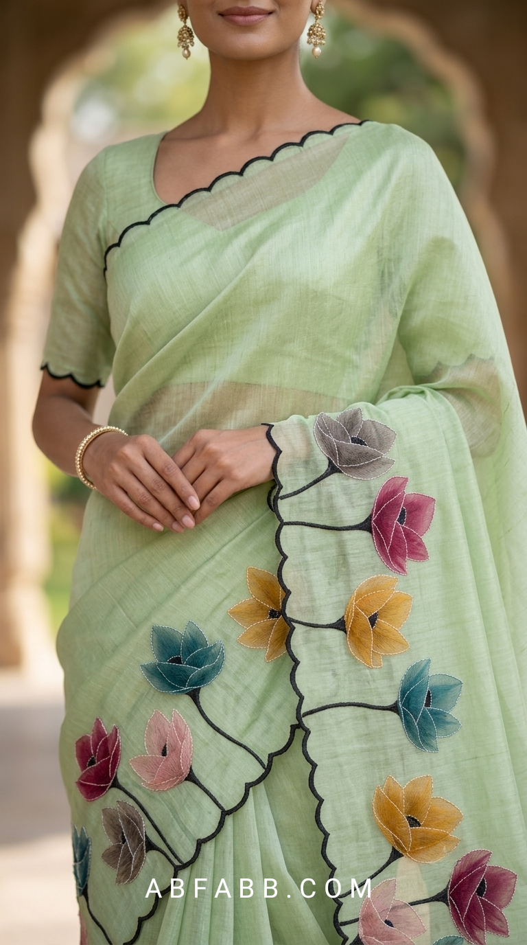 Pistachio Green Mul Chanderi Silk Saree with Floral Applique Work & Scalloped Border