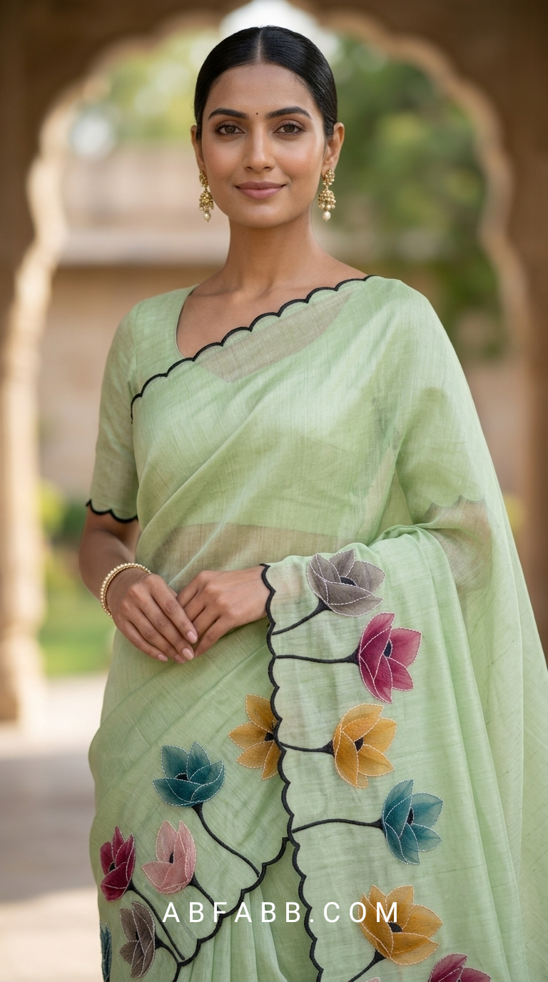 Pistachio Green Mul Chanderi Silk Saree with Floral Applique Work & Scalloped Border