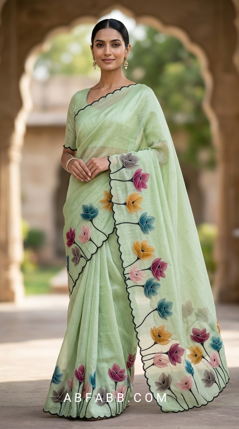 Pistachio Green Mul Chanderi Silk Saree with Floral Applique Work & Scalloped Border