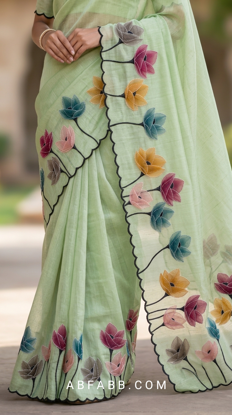 Pistachio Green Mul Chanderi Silk Saree with Floral Applique Work & Scalloped Border