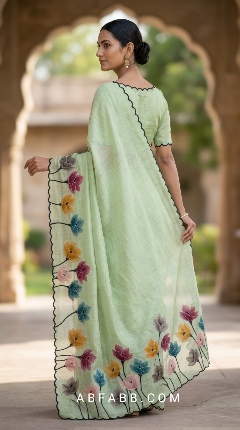 Pistachio Green Mul Chanderi Silk Saree with Floral Applique Work & Scalloped Border