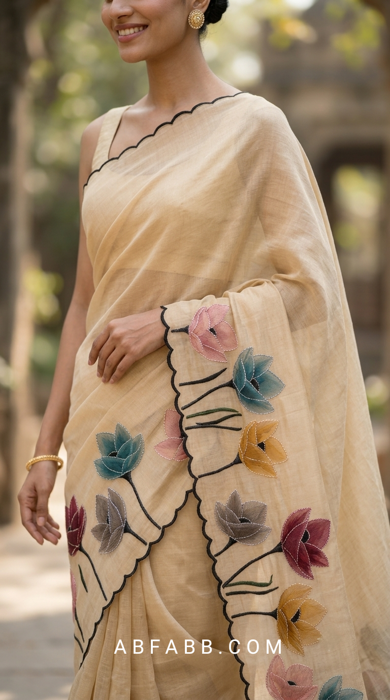 Champagne Beige Mul Chanderi Silk Saree with Floral Applique Work & Scalloped Border