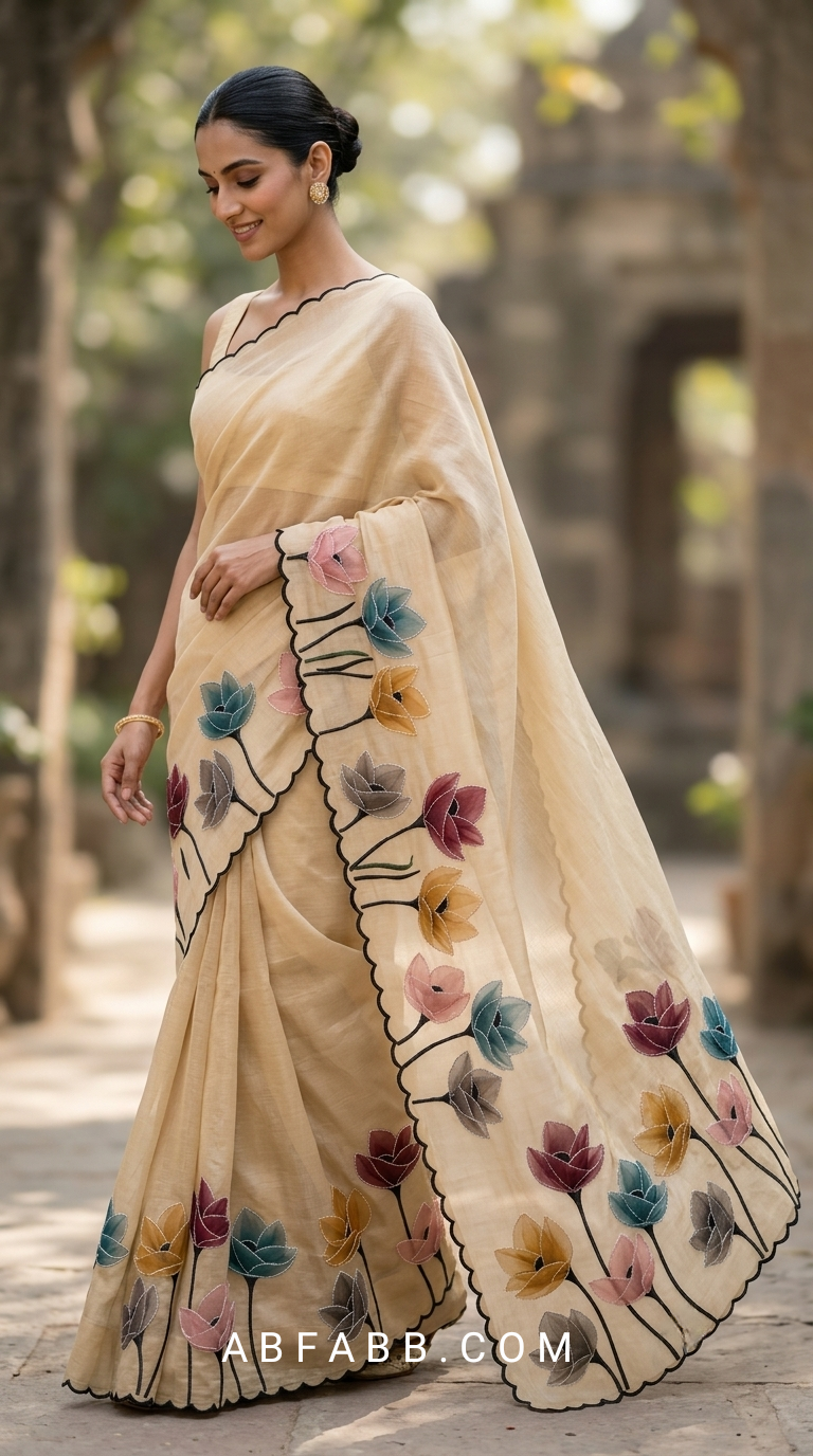 Champagne Beige Mul Chanderi Silk Saree with Floral Applique Work & Scalloped Border