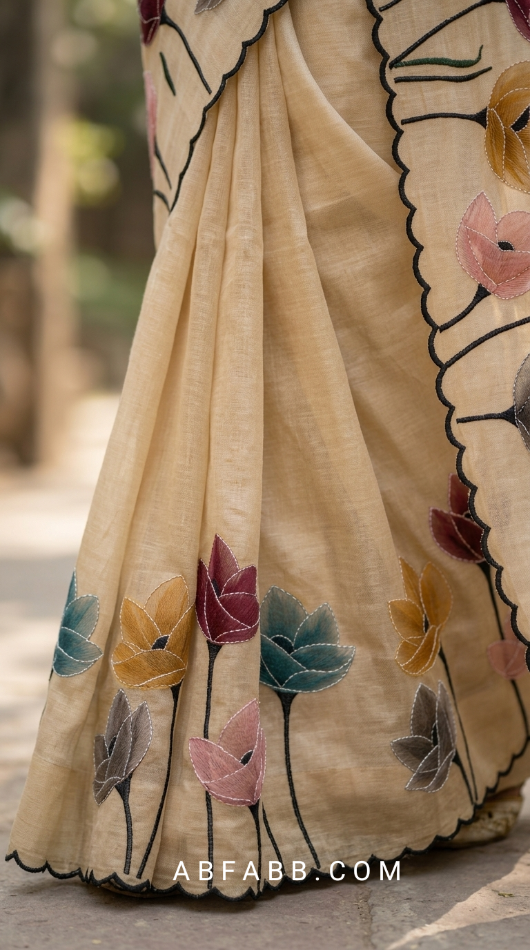 Champagne Beige Mul Chanderi Silk Saree with Floral Applique Work & Scalloped Border