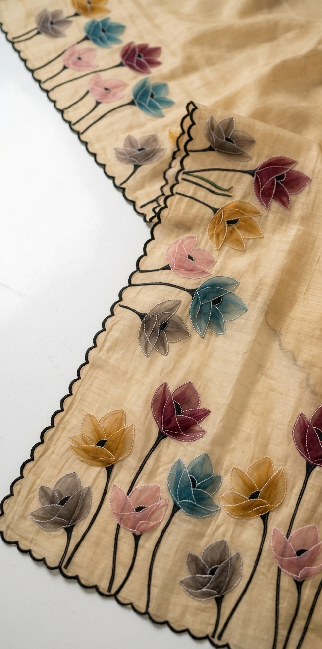 Champagne Beige Mul Chanderi Silk Saree with Floral Applique Work & Scalloped Border