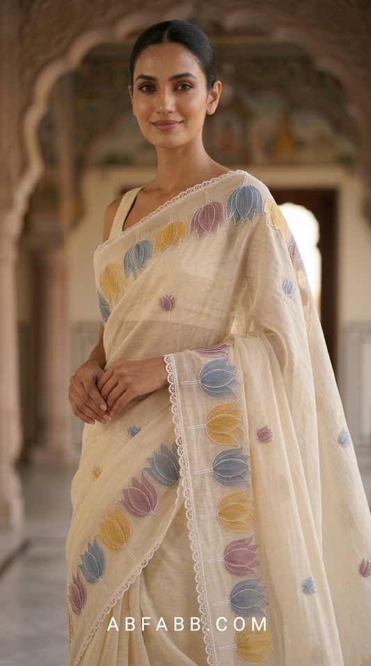 Ivory Mul Chanderi Silk Saree with Organza Tulip Applique Work & Delicate White Stitch Detailing