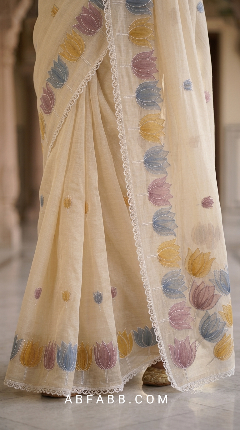 Ivory Mul Chanderi Silk Saree with Organza Tulip Applique Work & Delicate White Stitch Detailing