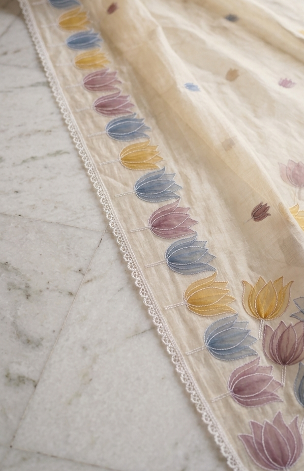 Ivory Mul Chanderi Silk Saree with Organza Tulip Applique Work & Delicate White Stitch Detailing