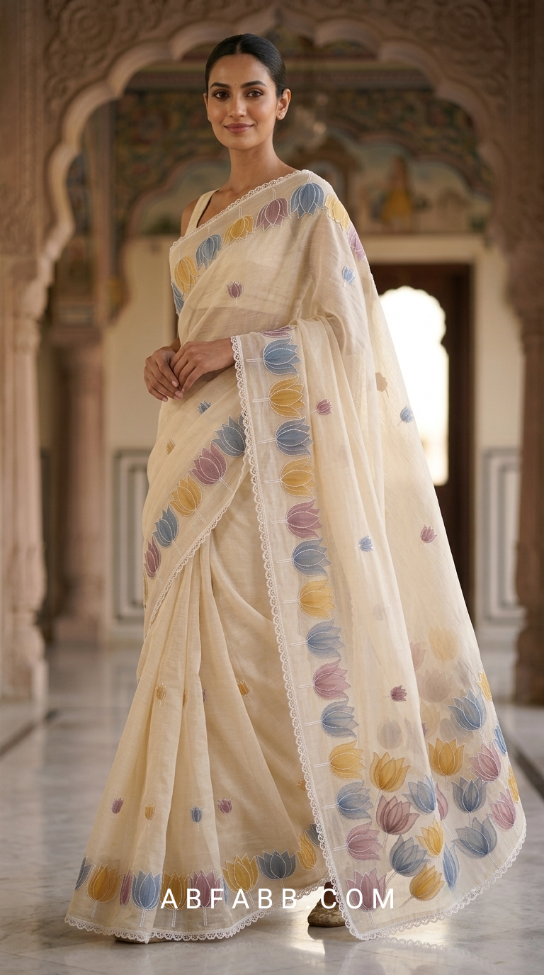 Ivory Mul Chanderi Silk Saree with Organza Tulip Applique Work & Delicate White Stitch Detailing