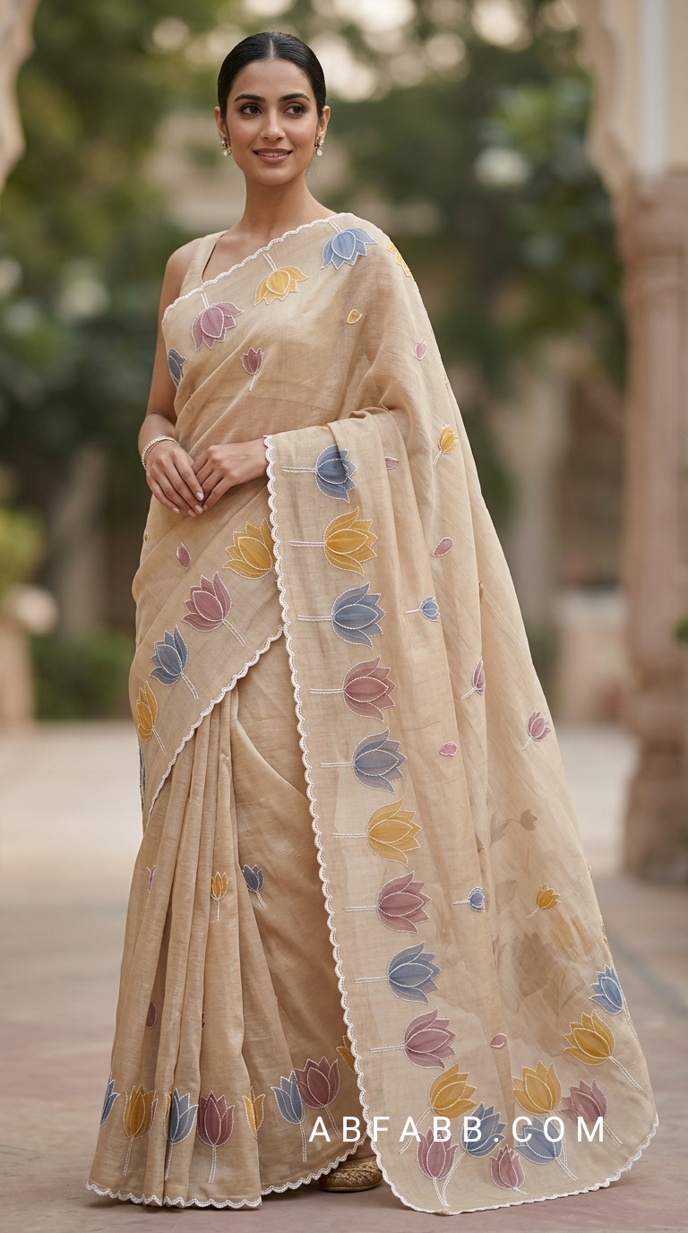 Sand Beige Mul Chanderi Silk Saree with Organza Tulip Applique Work & Delicate White Stitch Detailing