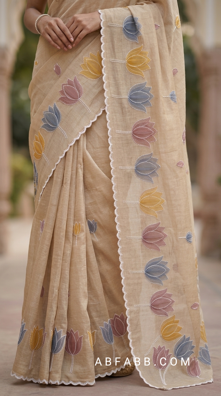 Sand Beige Mul Chanderi Silk Saree with Organza Tulip Applique Work & Delicate White Stitch Detailing