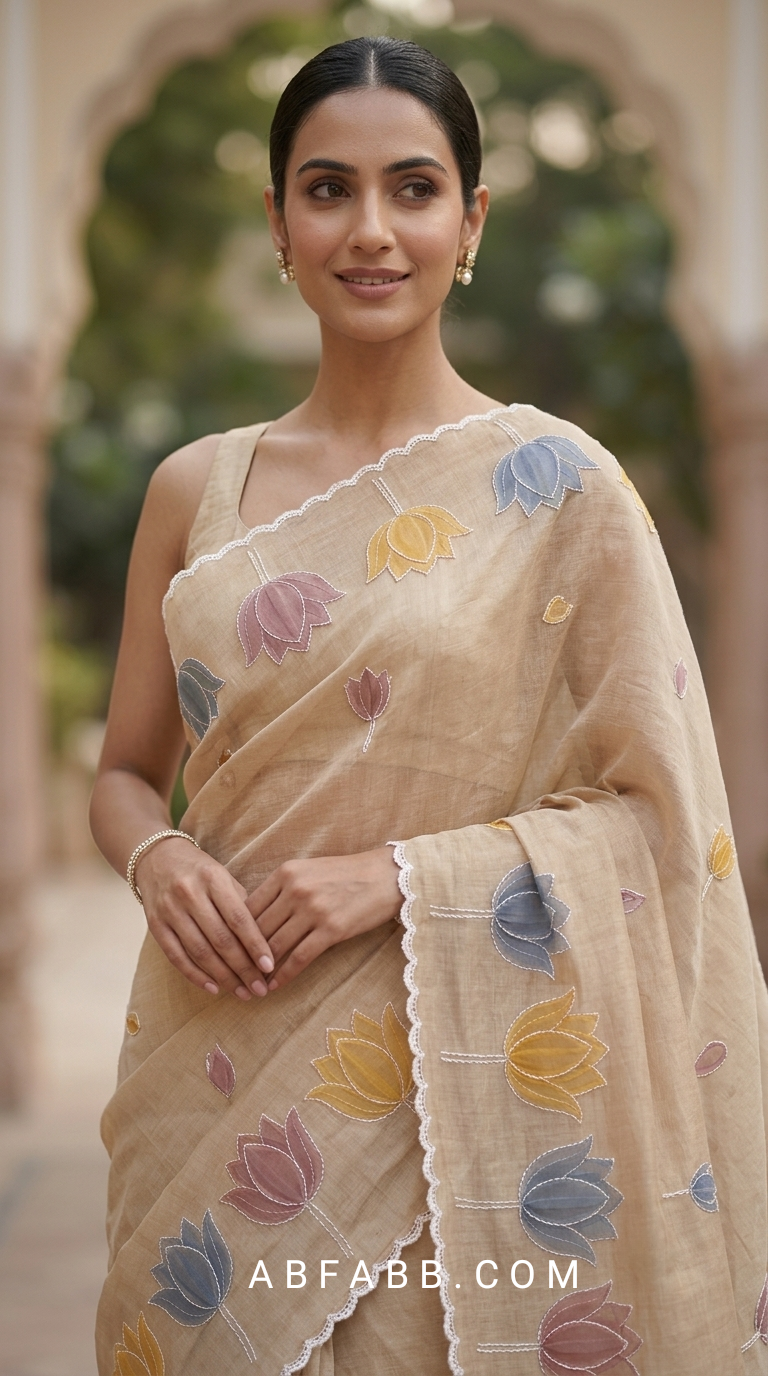 Sand Beige Mul Chanderi Silk Saree with Organza Tulip Applique Work & Delicate White Stitch Detailing