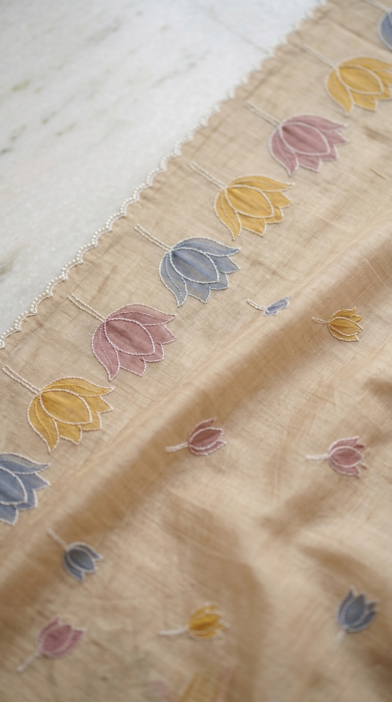 Sand Beige Mul Chanderi Silk Saree with Organza Tulip Applique Work & Delicate White Stitch Detailing
