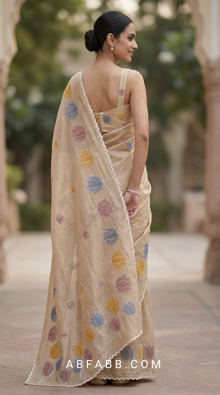 Sand Beige Mul Chanderi Silk Saree with Organza Tulip Applique Work & Delicate White Stitch Detailing