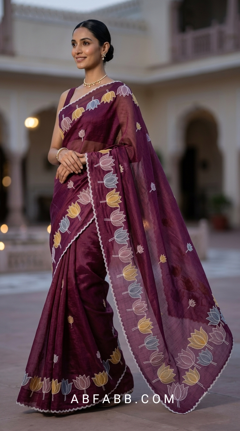 Mulberry Mul Chanderi Silk Saree with Organza Tulip Applique Work & Delicate White Stitch Detailing