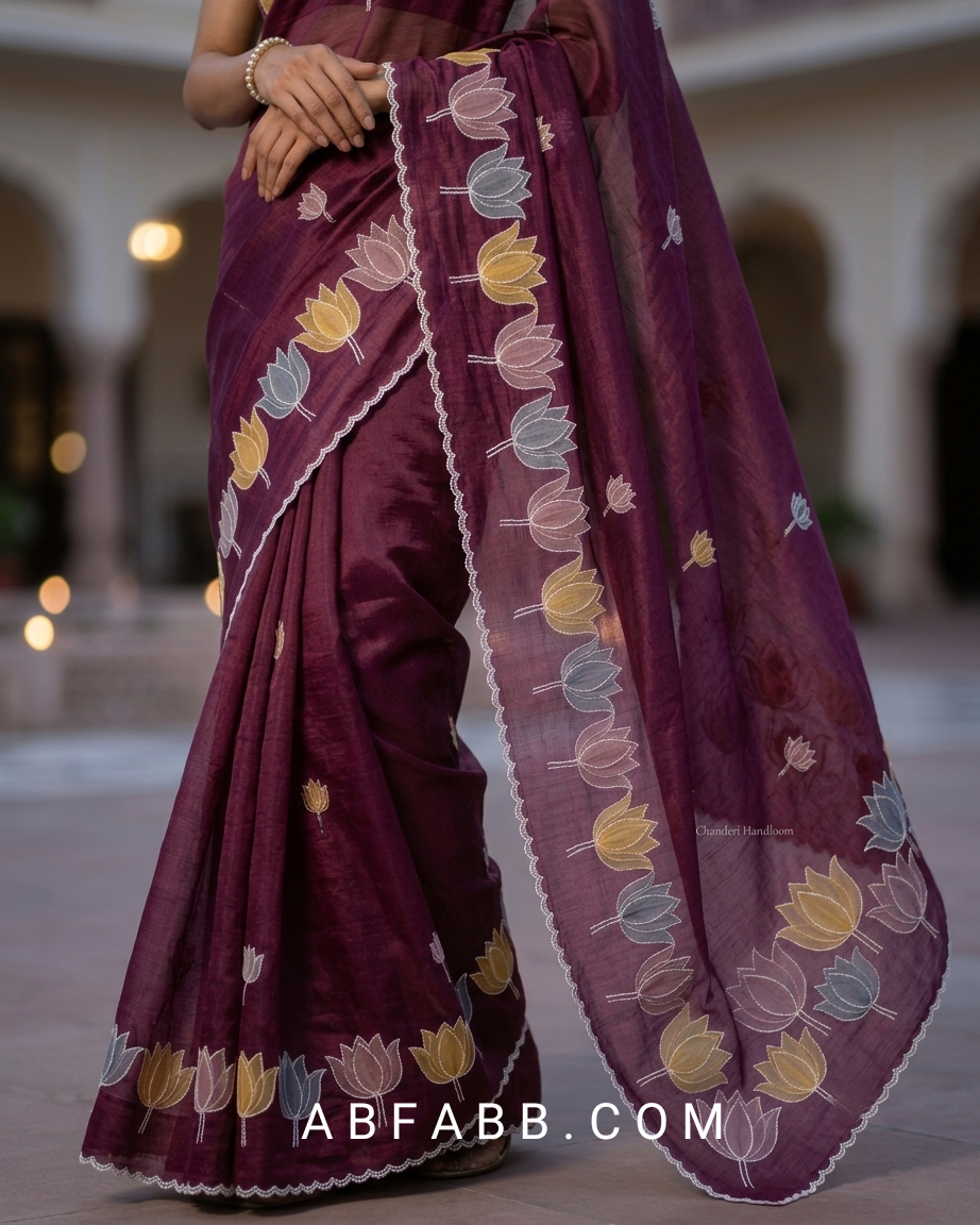 Mulberry Mul Chanderi Silk Saree with Organza Tulip Applique Work & Delicate White Stitch Detailing