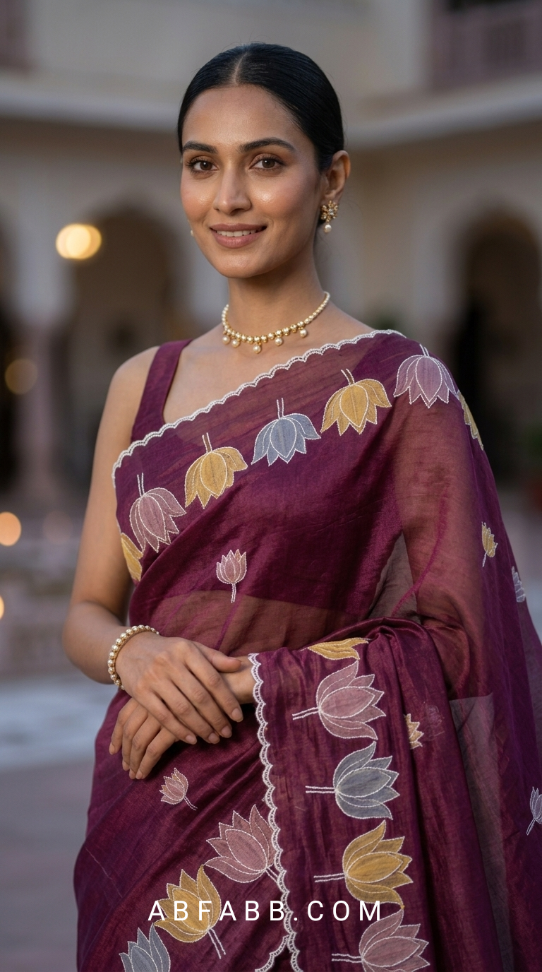 Mulberry Mul Chanderi Silk Saree with Organza Tulip Applique Work & Delicate White Stitch Detailing