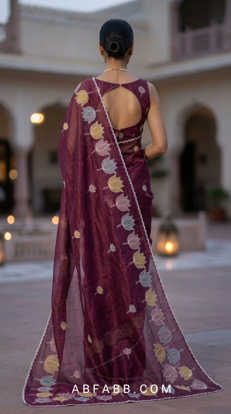 Mulberry Mul Chanderi Silk Saree with Organza Tulip Applique Work & Delicate White Stitch Detailing