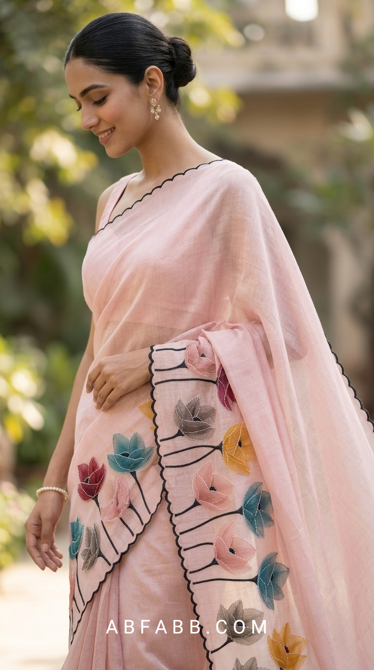 Rose Pink Mul Chanderi Silk Saree with Floral Applique Work & Scalloped Border