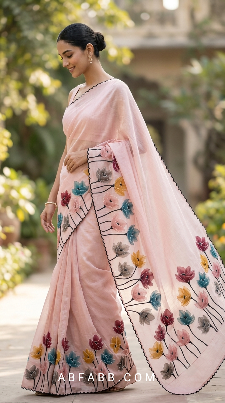 Rose Pink Mul Chanderi Silk Saree with Floral Applique Work & Scalloped Border