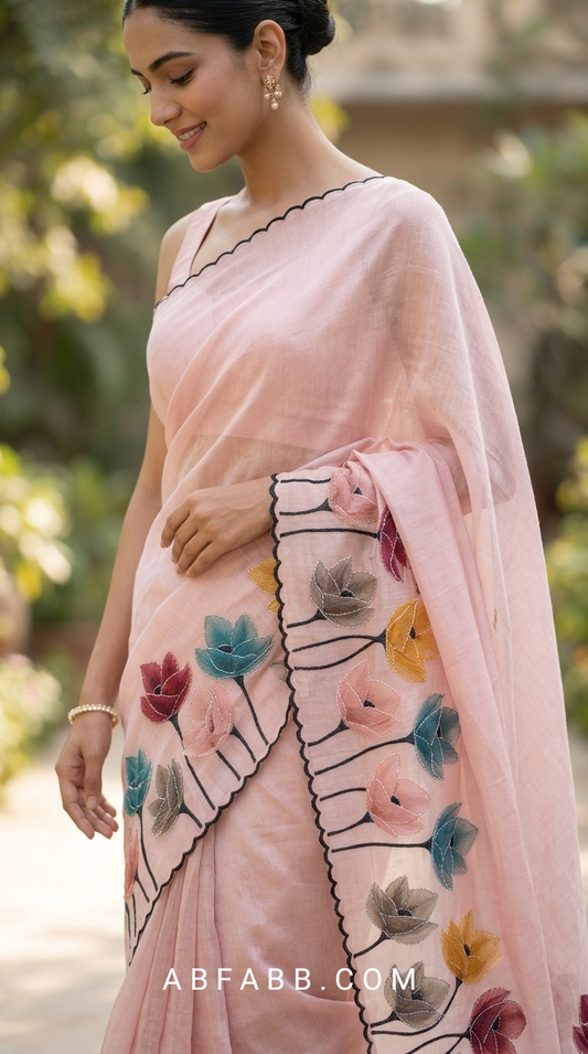 Rose Pink Mul Chanderi Silk Saree with Floral Applique Work & Scalloped Border