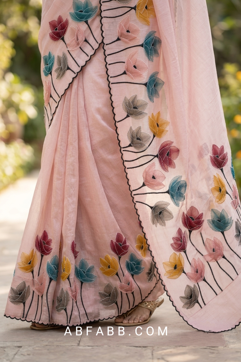 Rose Pink Mul Chanderi Silk Saree with Floral Applique Work & Scalloped Border