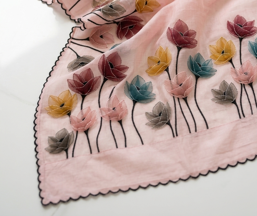 Rose Pink Mul Chanderi Silk Saree with Floral Applique Work & Scalloped Border