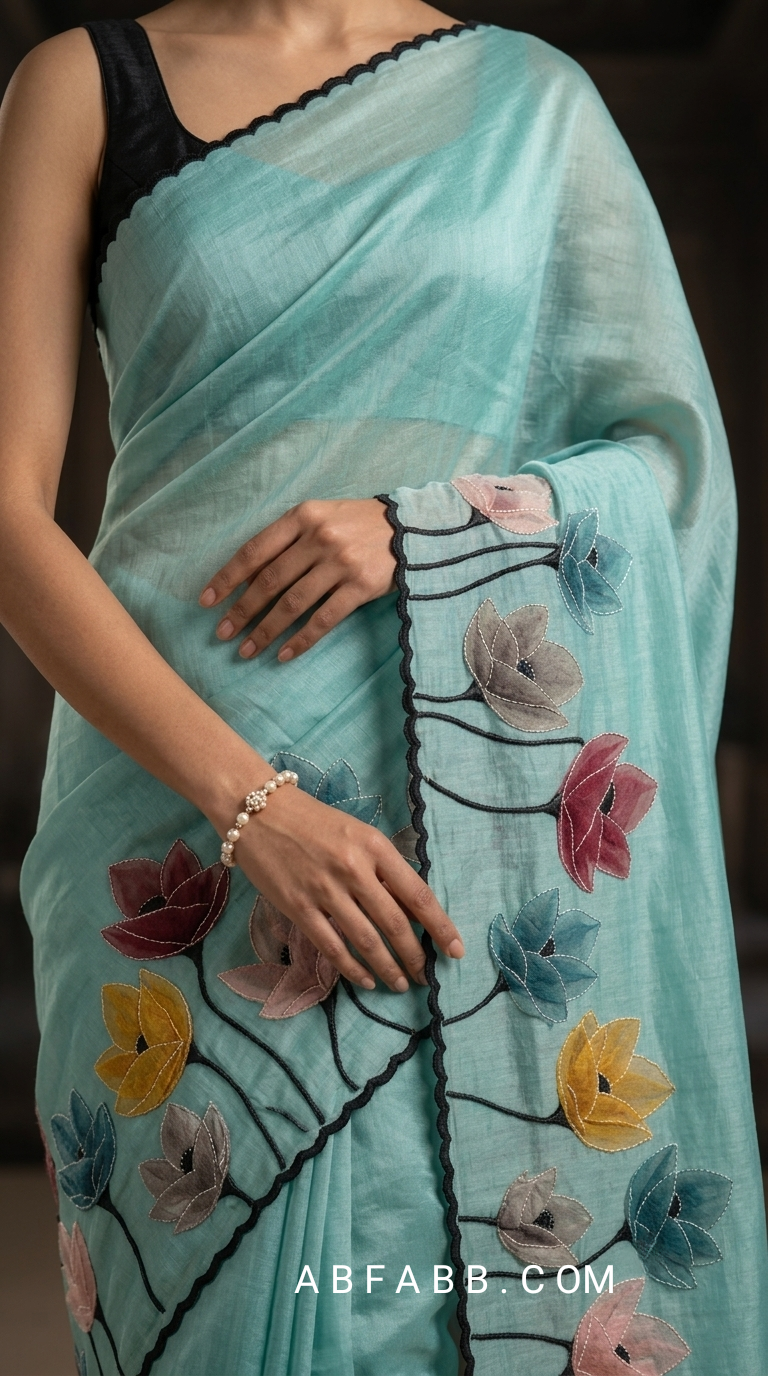 Peacock Teal Mul Chanderi Silk Saree with Floral Applique Work & Scalloped Border