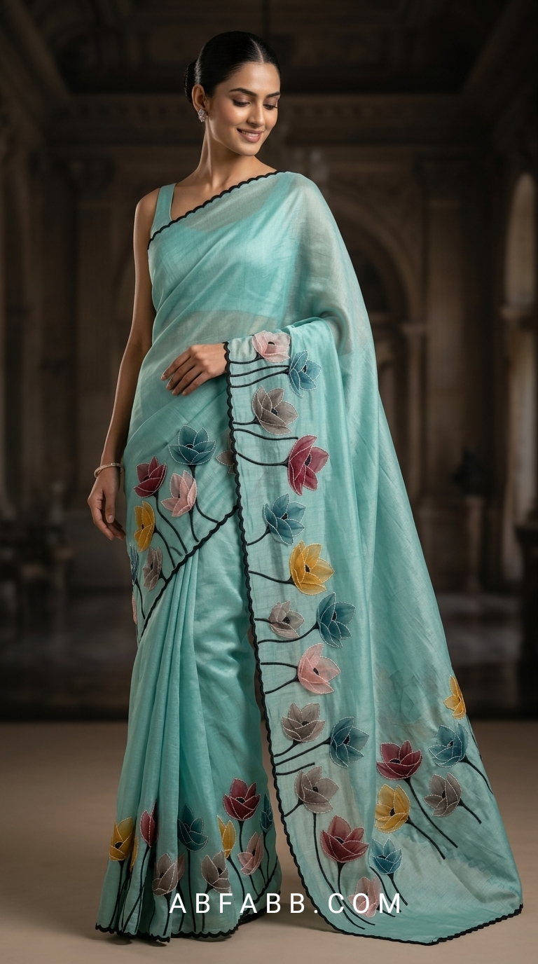 Peacock Teal Mul Chanderi Silk Saree with Floral Applique Work & Scalloped Border