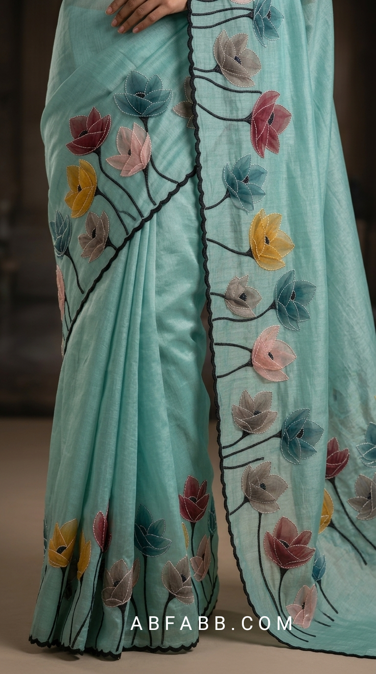 Peacock Teal Mul Chanderi Silk Saree with Floral Applique Work & Scalloped Border