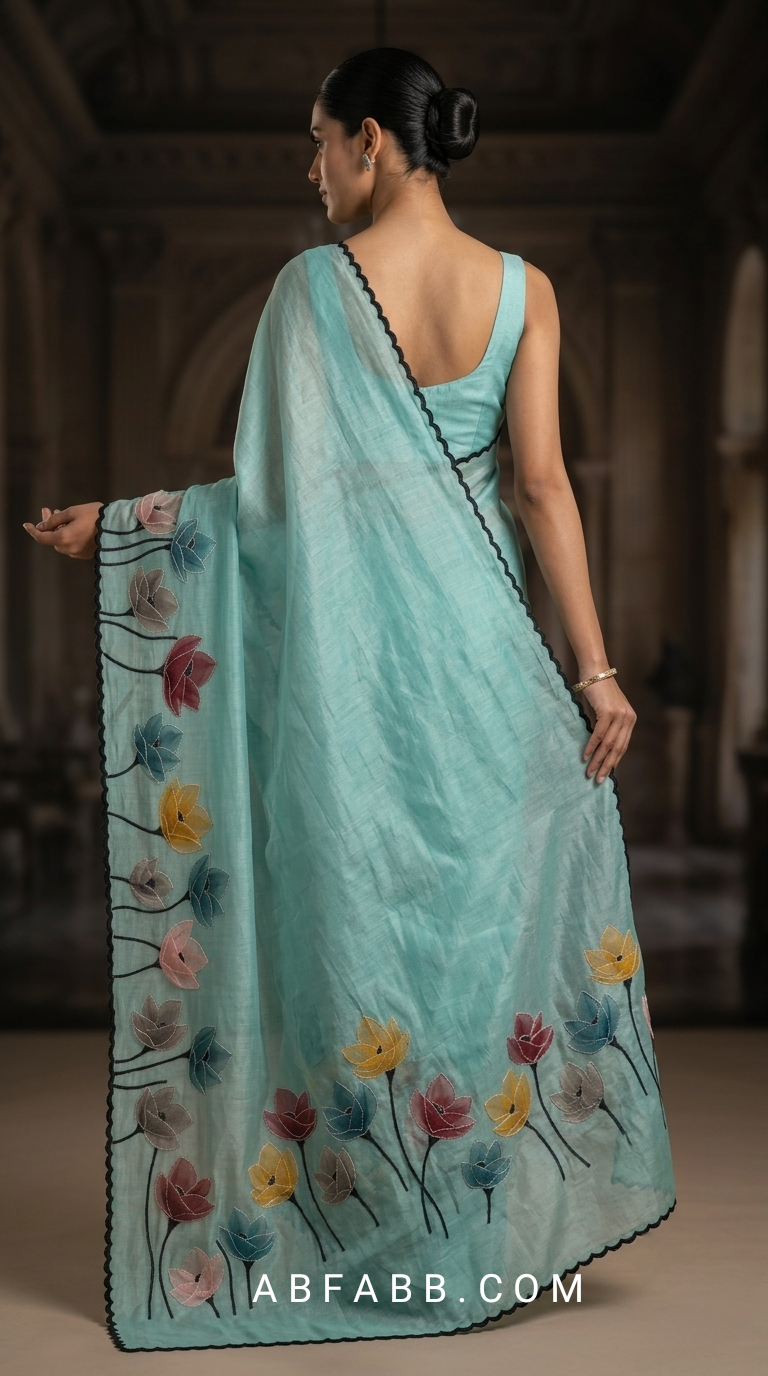 Peacock Teal Mul Chanderi Silk Saree with Floral Applique Work & Scalloped Border
