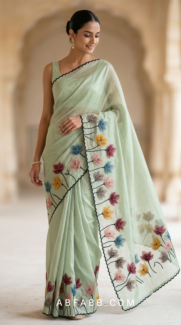 Mint Green Mul Chanderi Silk Saree with Floral Applique Work & Scalloped Border