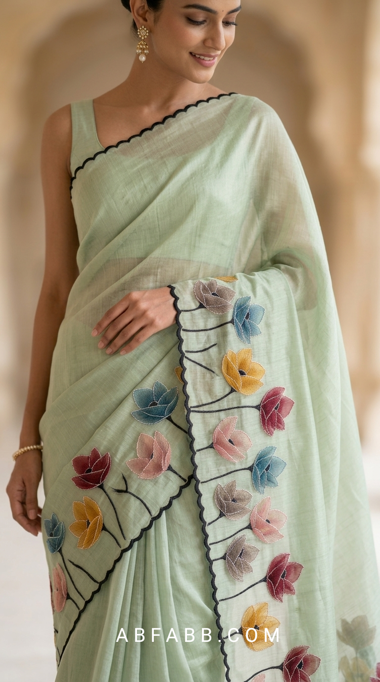 Mint Green Mul Chanderi Silk Saree with Floral Applique Work & Scalloped Border