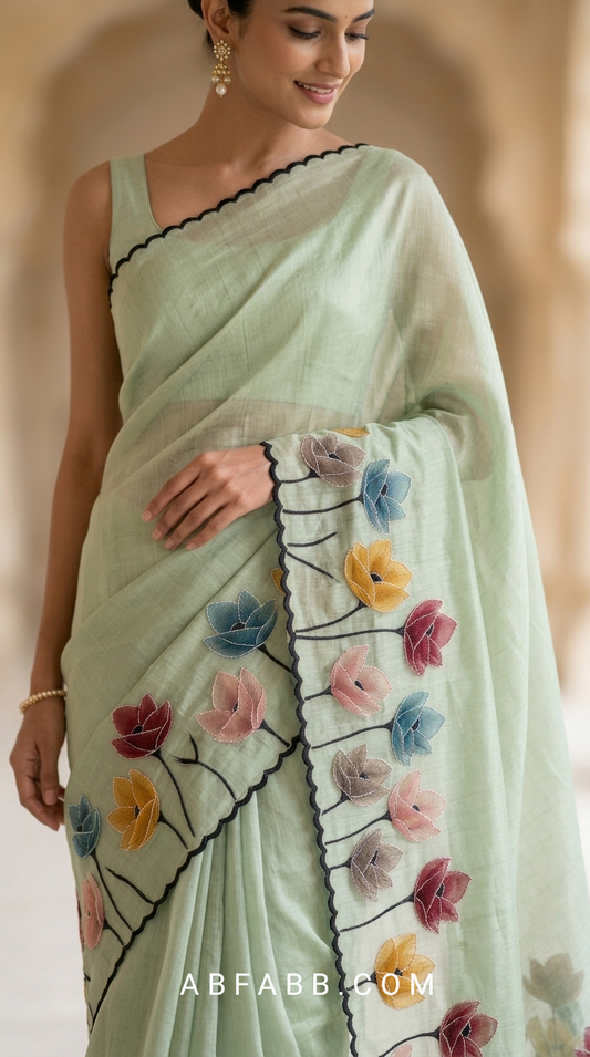 Mint Green Mul Chanderi Silk Saree with Floral Applique Work & Scalloped Border
