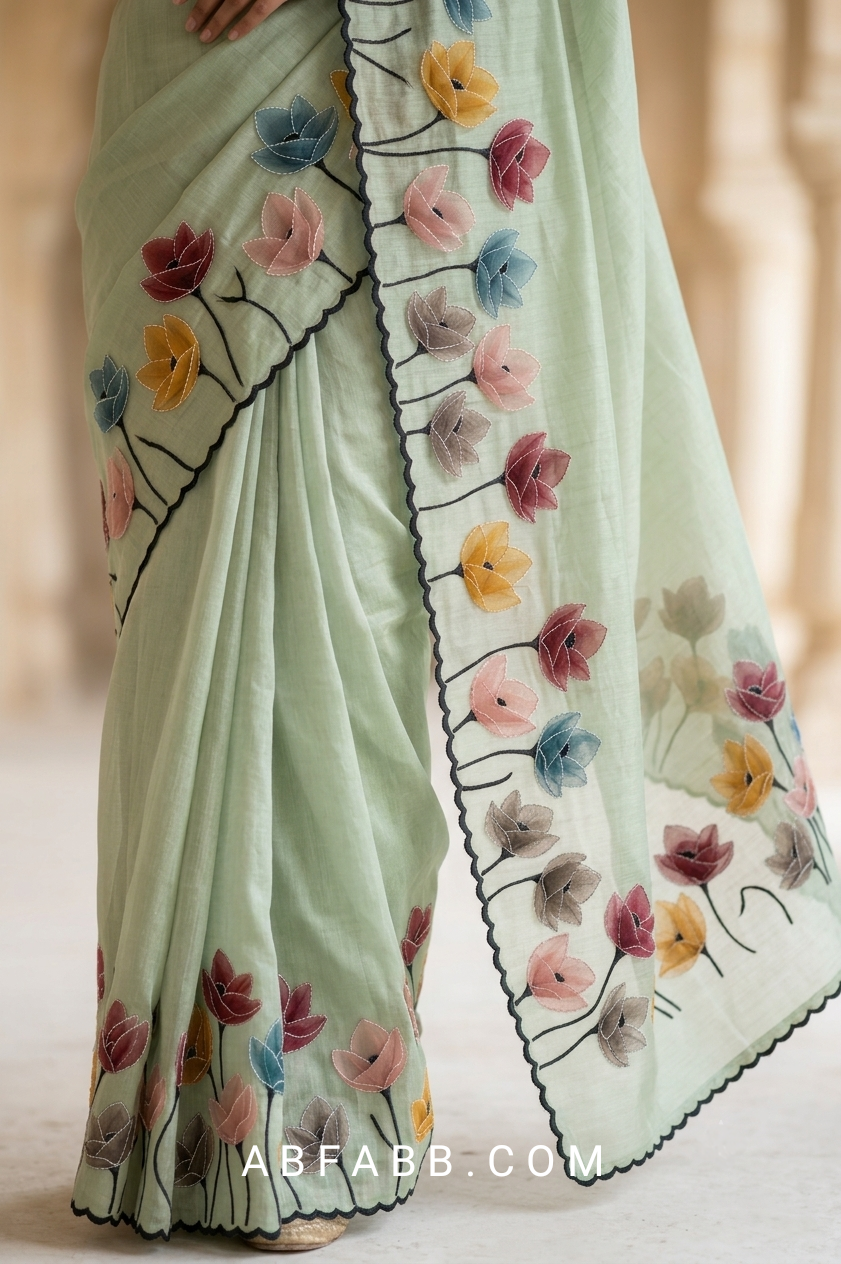 Mint Green Mul Chanderi Silk Saree with Floral Applique Work & Scalloped Border