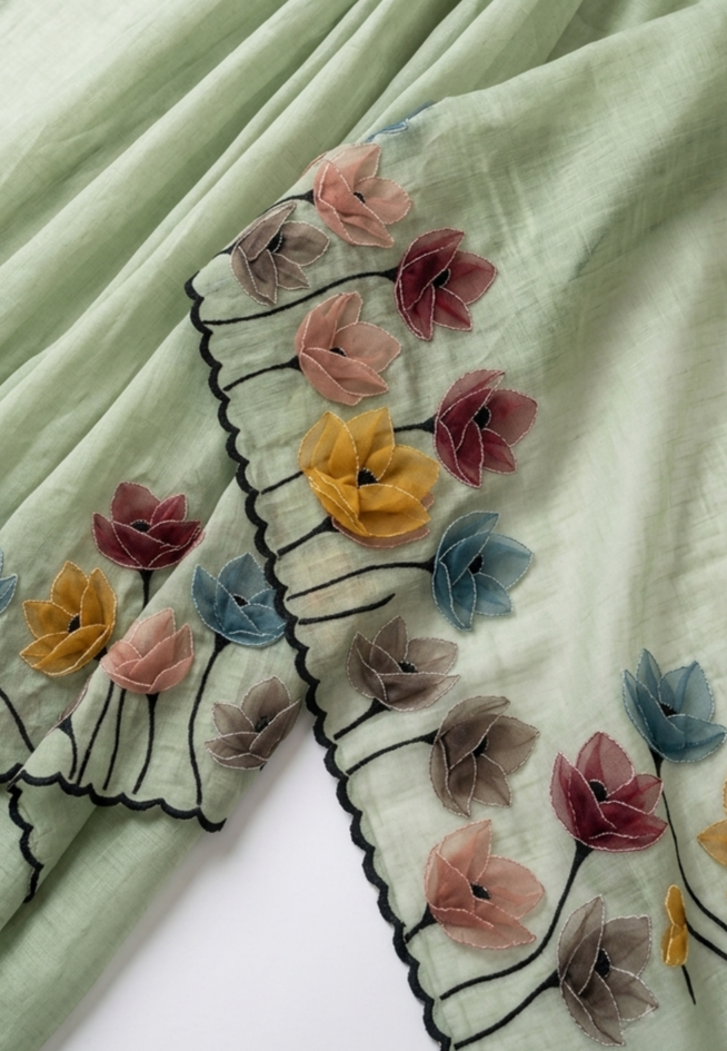 Mint Green Mul Chanderi Silk Saree with Floral Applique Work & Scalloped Border