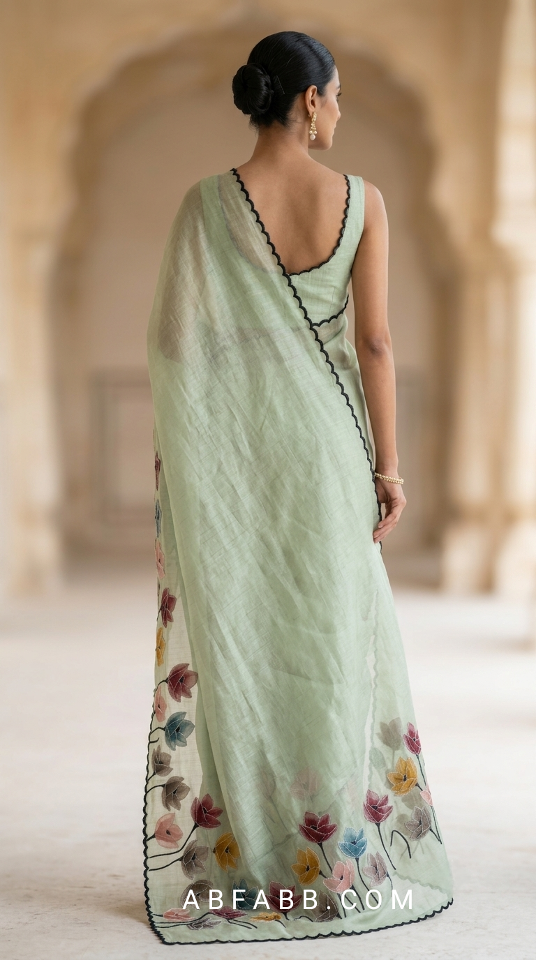 Mint Green Mul Chanderi Silk Saree with Floral Applique Work & Scalloped Border