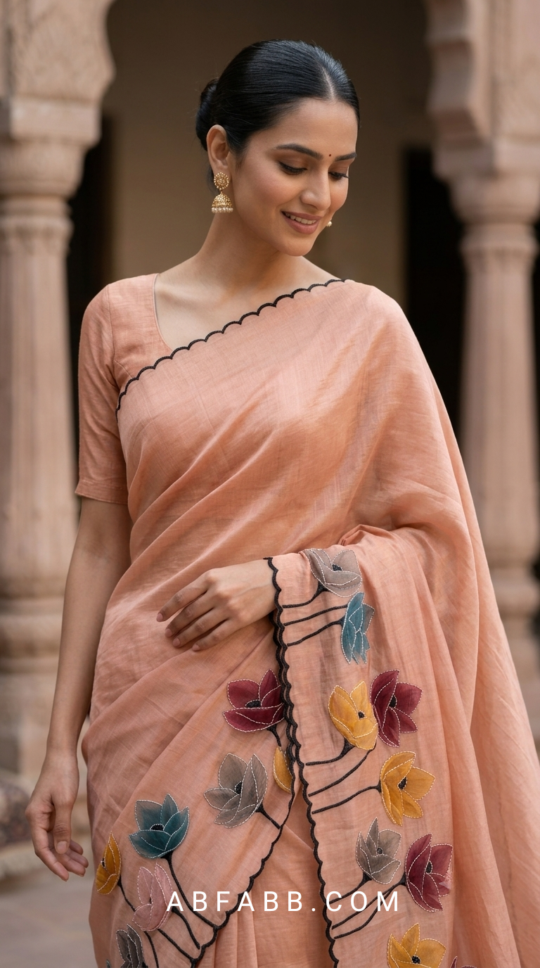 Blush Peach Mul Chanderi Silk Saree with Floral Applique Work & Scalloped Border