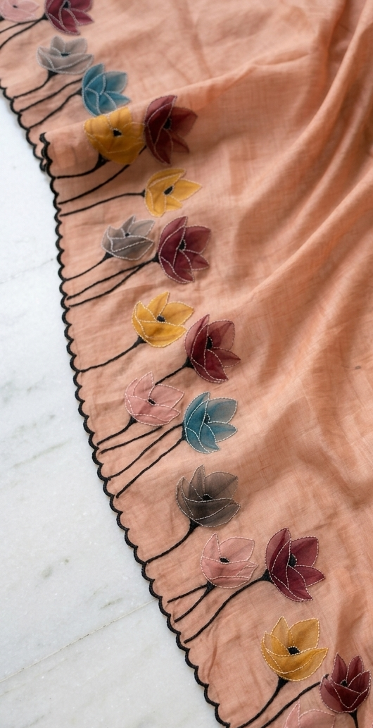 Blush Peach Mul Chanderi Silk Saree with Floral Applique Work & Scalloped Border