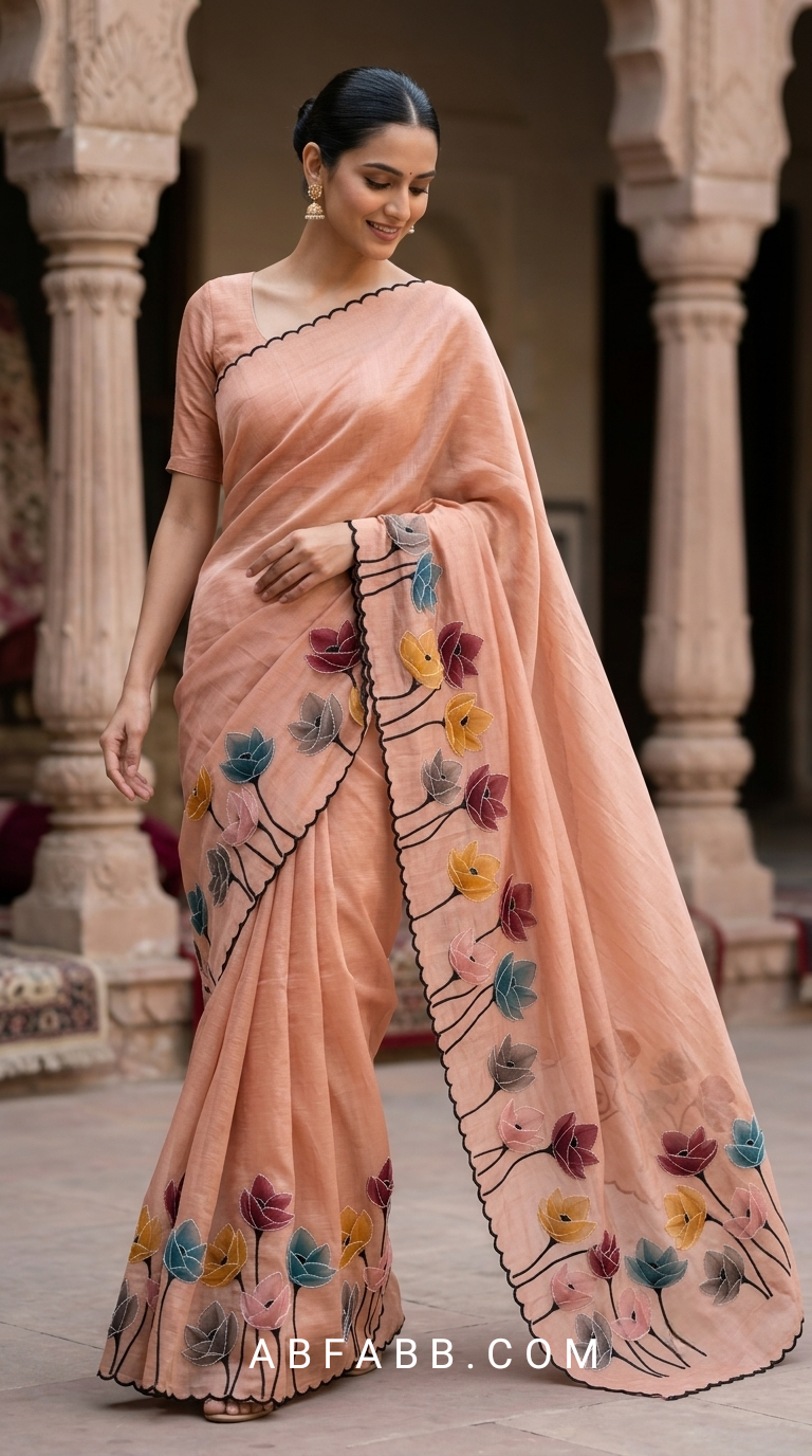 Blush Peach Mul Chanderi Silk Saree with Floral Applique Work & Scalloped Border